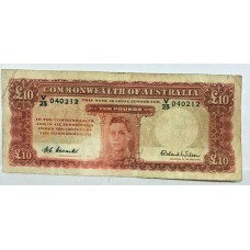 AUSTRALIA 1952 . TEN 10 POUNDS BANKNOTE . CRISP ... VERY SCARCE